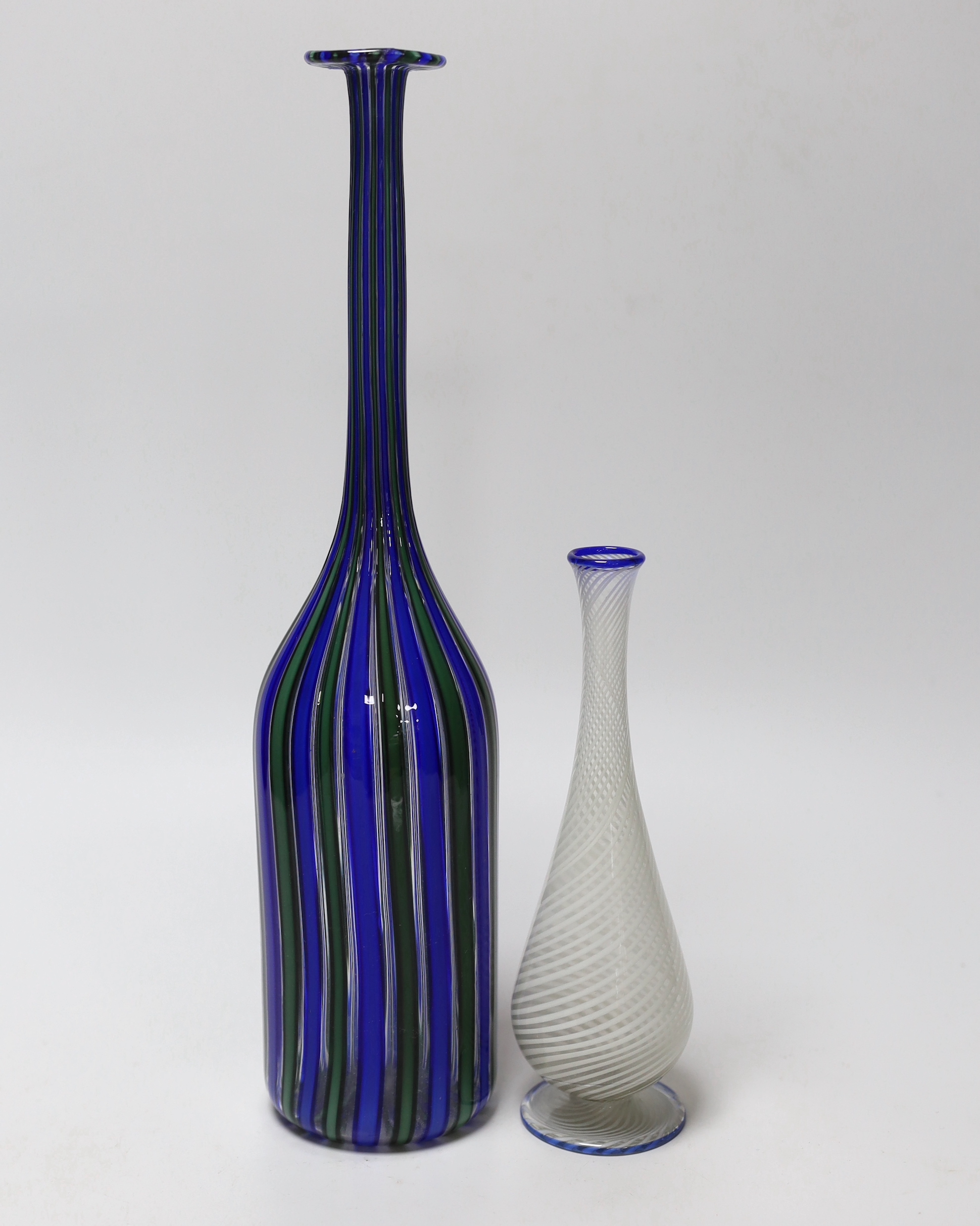 Two Venetian glass vases, a blue and green Murano bottle vase and a small Venini style vase with a blue rim, tallest 35cm